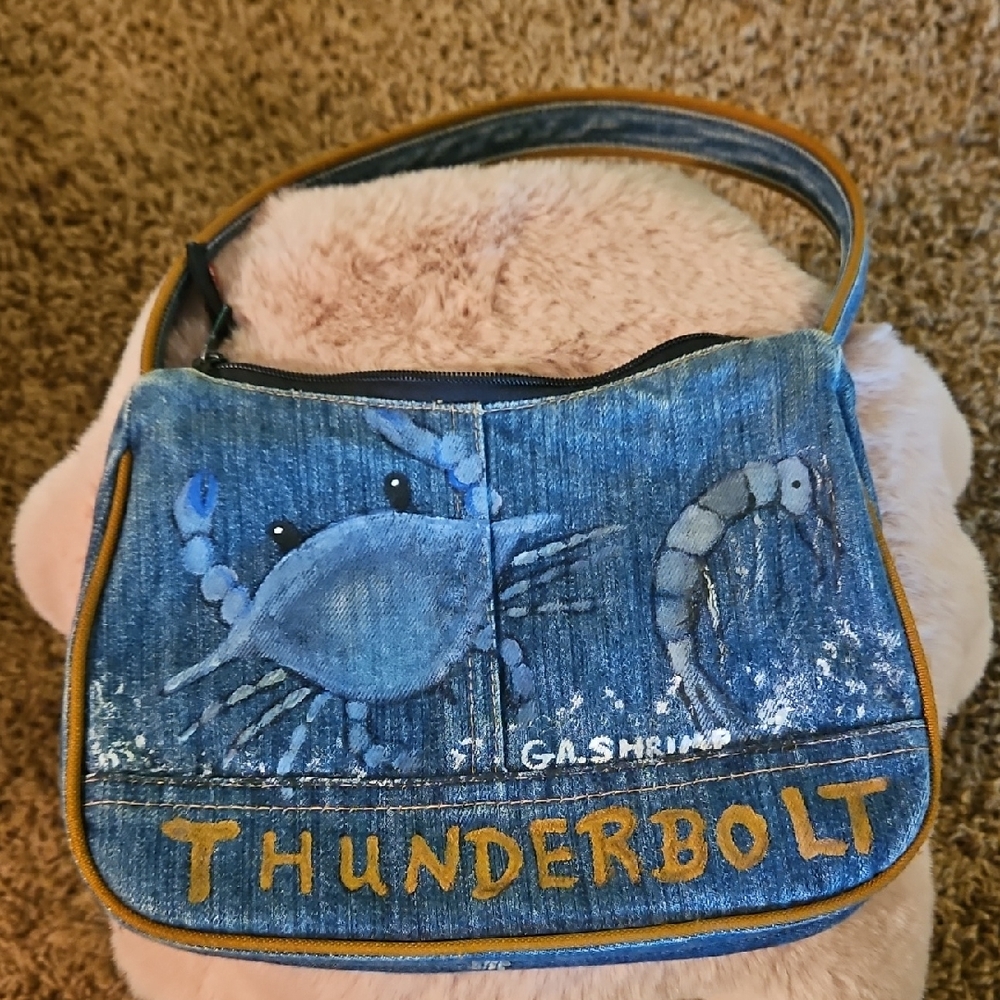 Hand Painted Shoulder Bag with Crab & Shrimp Boat Made From Levis Denim